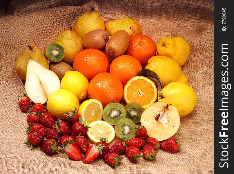 Several fruits on rush texture