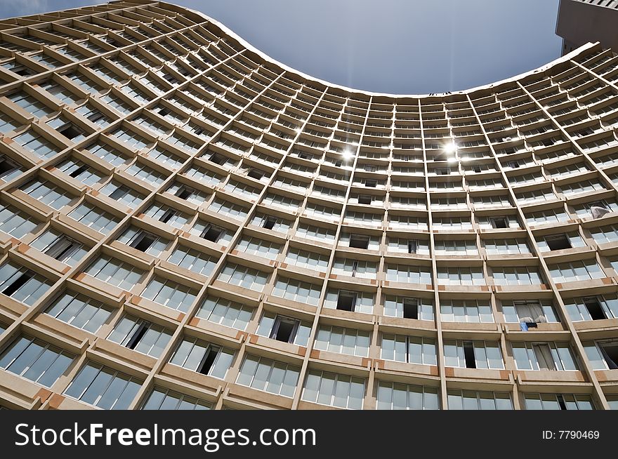 The curved facade of a sea facing beach front hotel on Marine Parade in Durban. Durban is the 3rd largest city in South Africa and is in the province of Kwazulu Natal. The curved facade of a sea facing beach front hotel on Marine Parade in Durban. Durban is the 3rd largest city in South Africa and is in the province of Kwazulu Natal