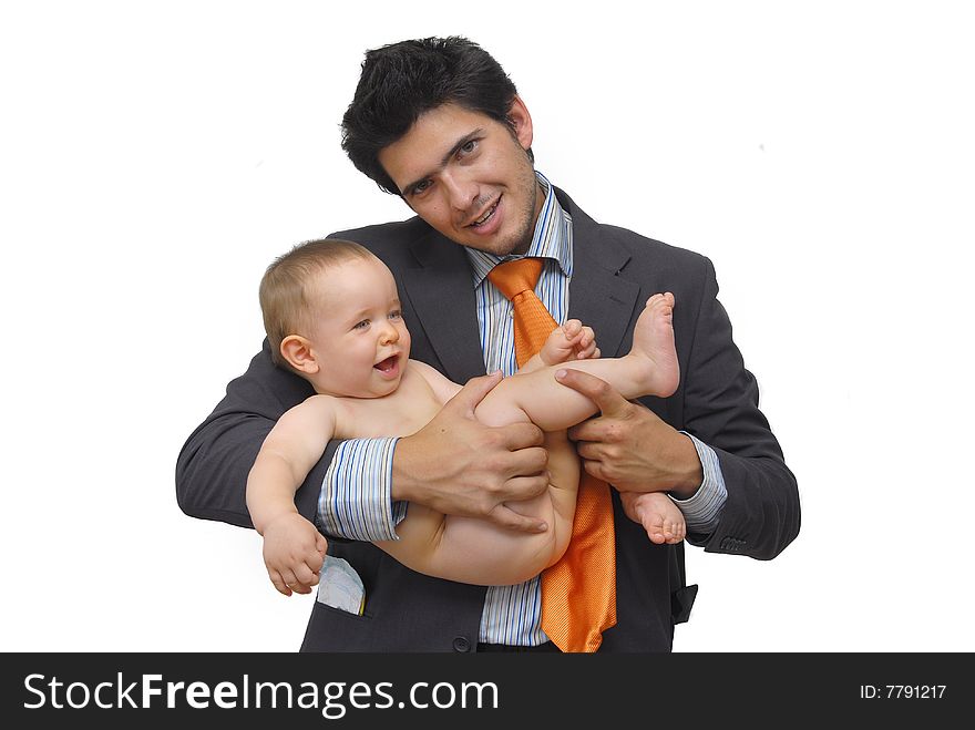 Young man holding babu, isolated against a white background. Young man holding babu, isolated against a white background
