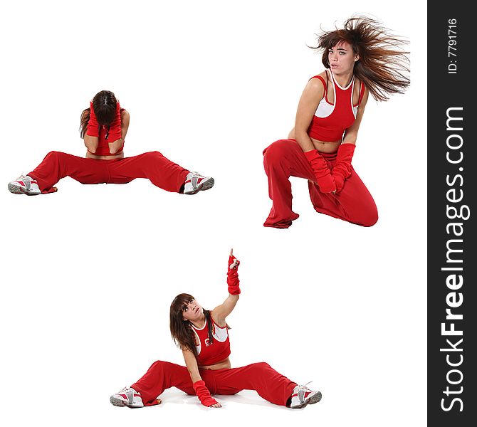 The beautiful girl dances in a red suit