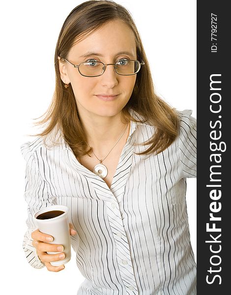 A pretty woman holding a glass of coffee. Isolated on white background