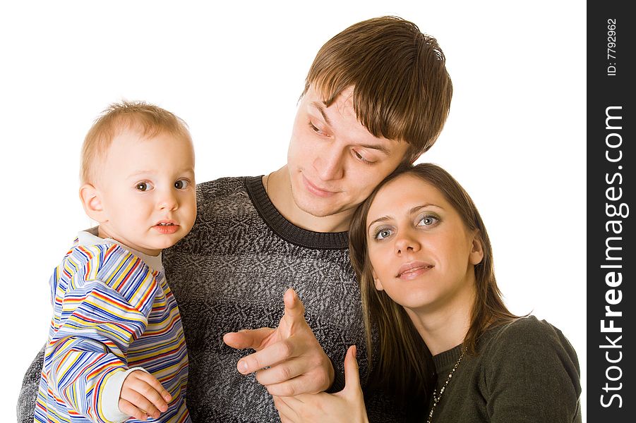 Mother, father and son - happy family. Isolated on white background