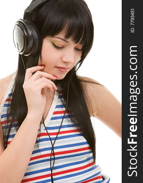 Young woman in earphones on the white background