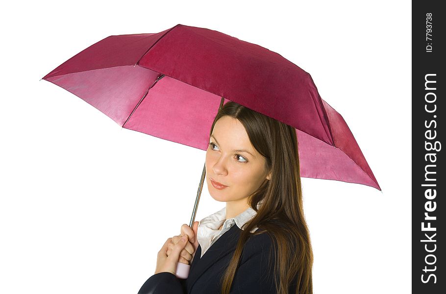 Portrait of a beautiful business woman holding a umbrella. Isolated on white background. Portrait of a beautiful business woman holding a umbrella. Isolated on white background