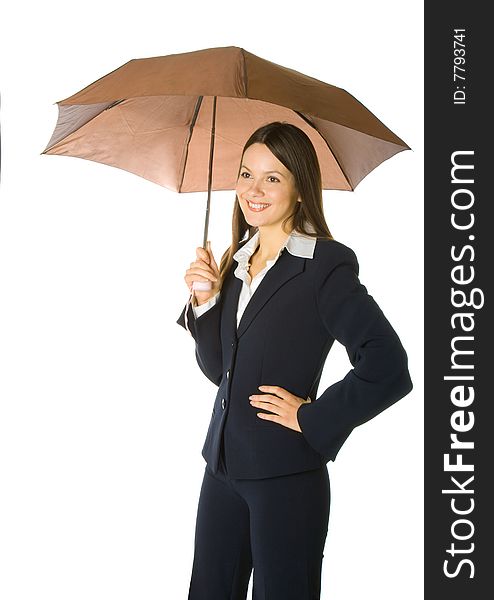 Portrait of a beautiful business woman holding a umbrella. Isolated on white background. Portrait of a beautiful business woman holding a umbrella. Isolated on white background