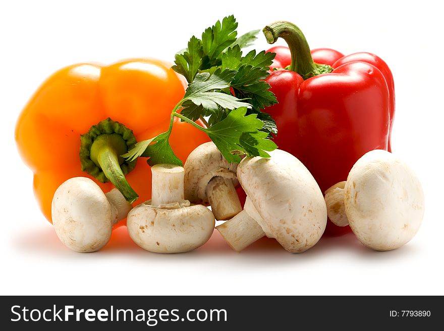 Aromatic herbs, peppers and mushrooms isolated on a white background. Aromatic herbs, peppers and mushrooms isolated on a white background