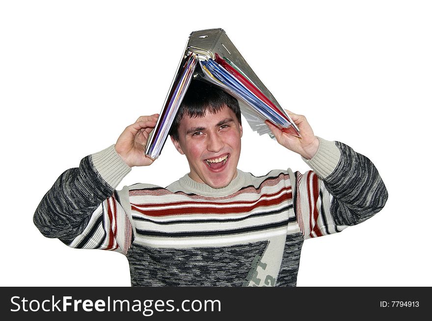 Photo of the shouting young man with a folder on a head.