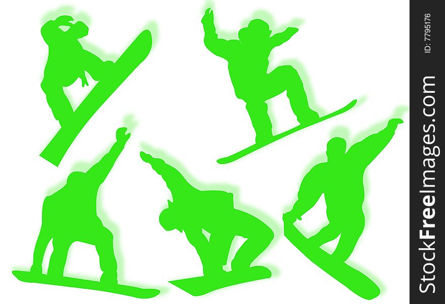 Snowboarders silhouette in different poses and attitudes. Snowboarders silhouette in different poses and attitudes