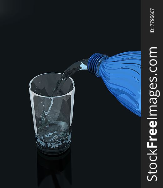 Bottle, water and glass on black background