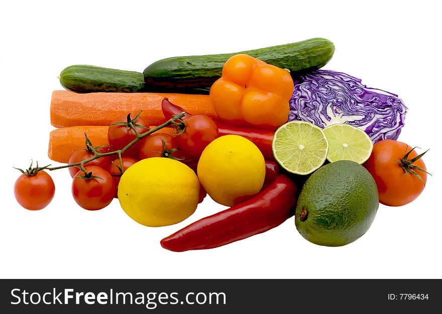 Bright tomatoes, carrots, cabbage, cucumbers and pepper on a white background. Bright tomatoes, carrots, cabbage, cucumbers and pepper on a white background