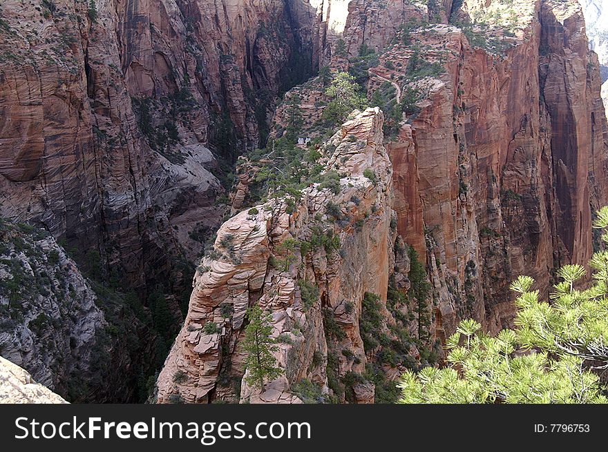 View from Angels landing looking back along hiking trail in Zion national park in the spring. View from Angels landing looking back along hiking trail in Zion national park in the spring