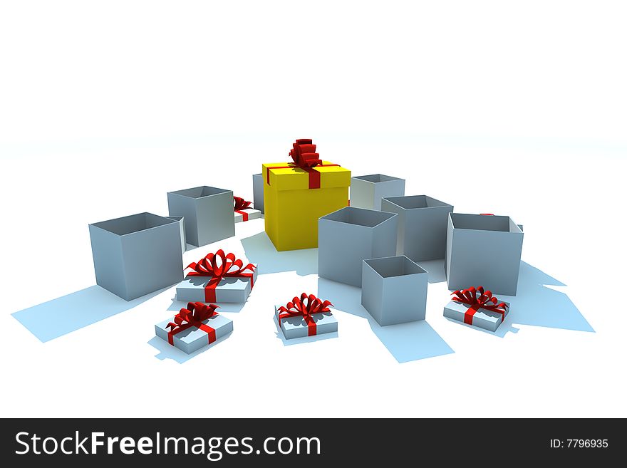 Opened gift boxes - 3d isolated illustration on white. Opened gift boxes - 3d isolated illustration on white