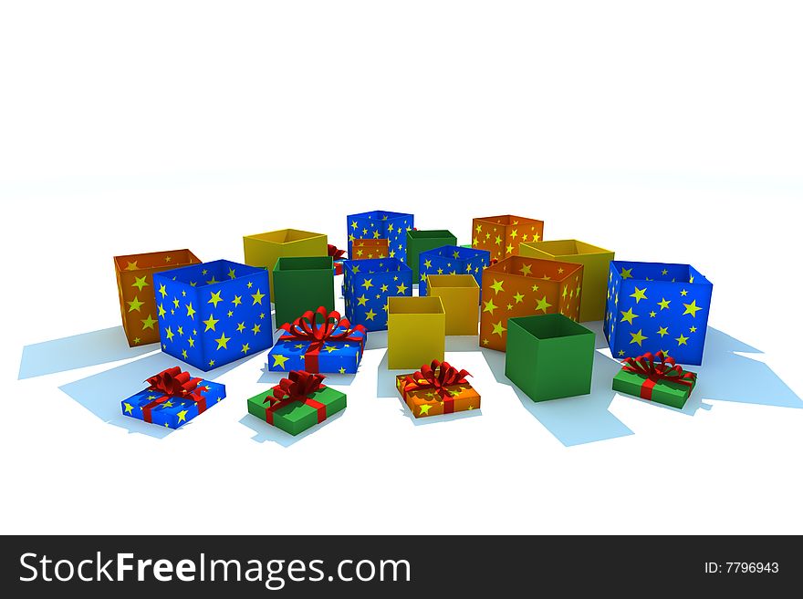 Opened gift boxes - 3d isolated illustration on white. Opened gift boxes - 3d isolated illustration on white