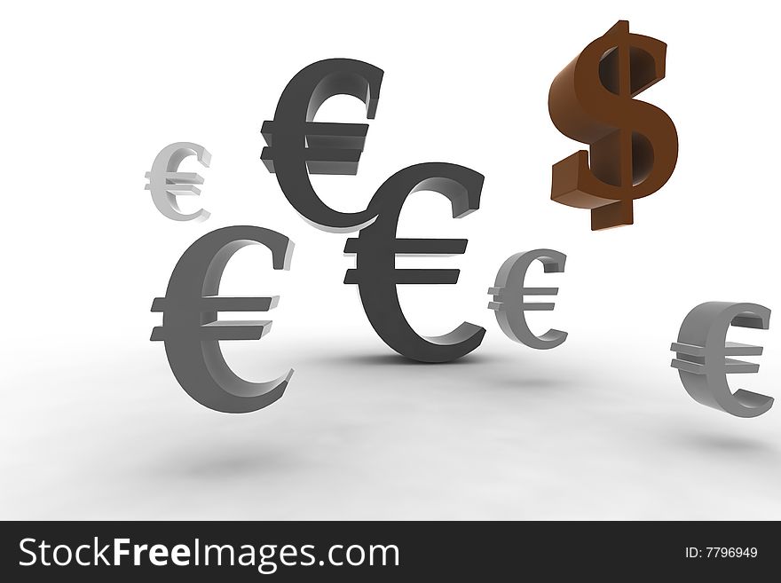 Euro symbol with dollar - 3d isolated illustration. Euro symbol with dollar - 3d isolated illustration