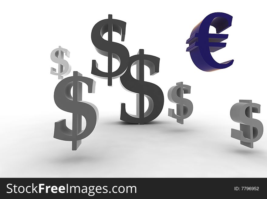 Dollar symbol with euro - 3d isolated illustration. Dollar symbol with euro - 3d isolated illustration