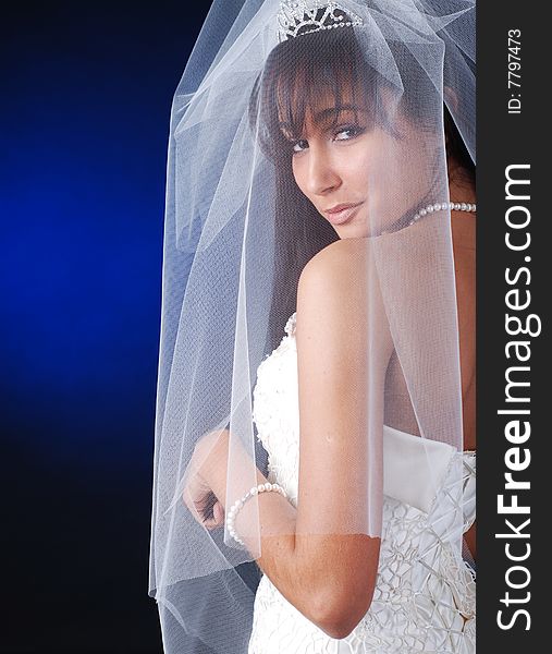 Portrait of young dark-hair bride on a black background. Portrait of young dark-hair bride on a black background