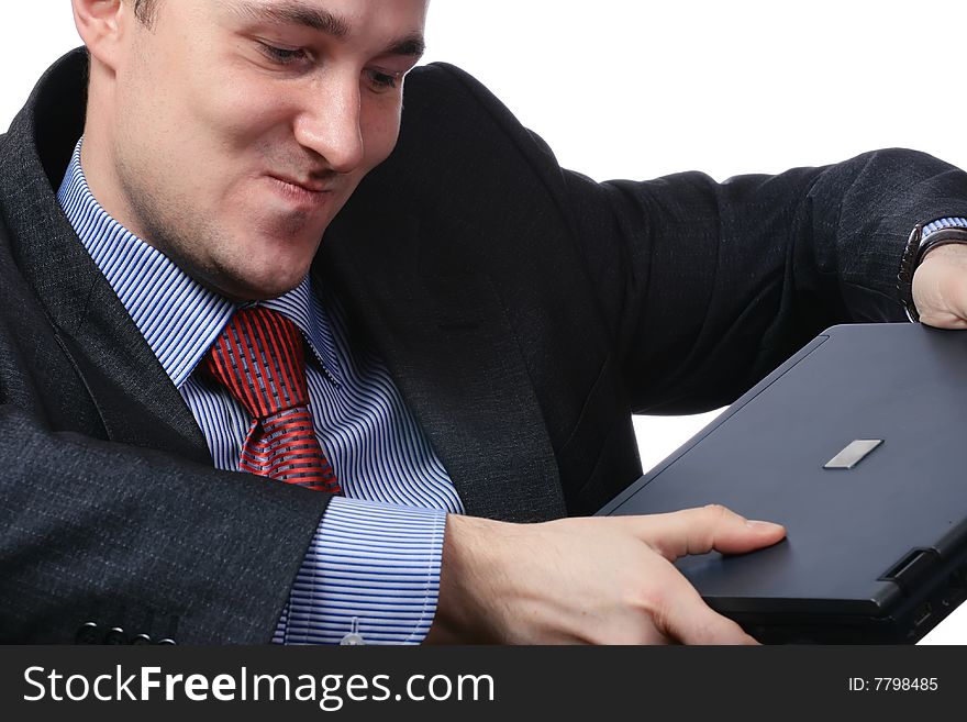 Businessman with the computer, isolated on a white background. Businessman with the computer, isolated on a white background