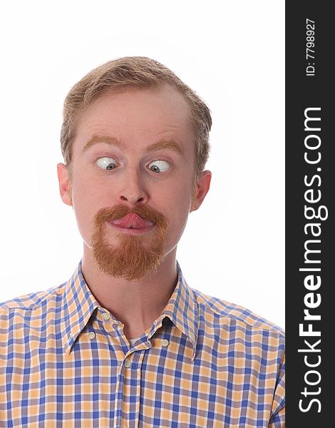 Portrait of funny man on white background