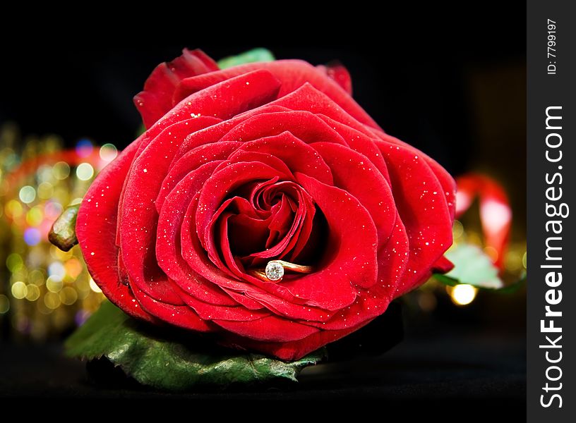 Marry Me! - red rose with diamond engagement ring