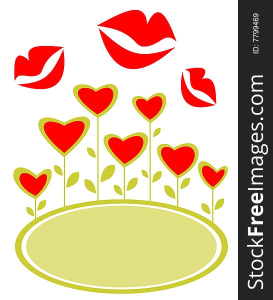 Stylized hearts and kisses frame isolated on a white background. Valentines illustration.