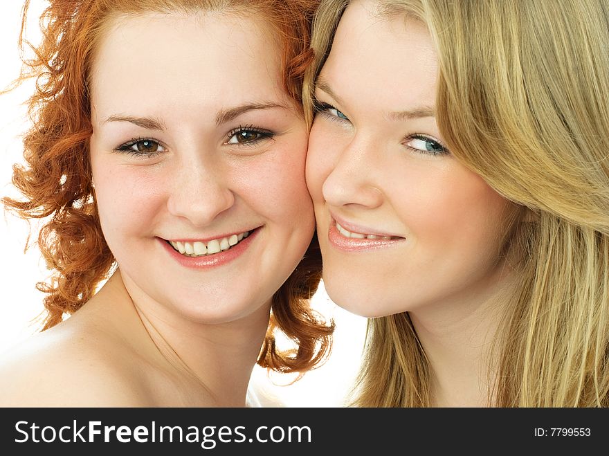 Portrait of two happy friends against white background. Portrait of two happy friends against white background