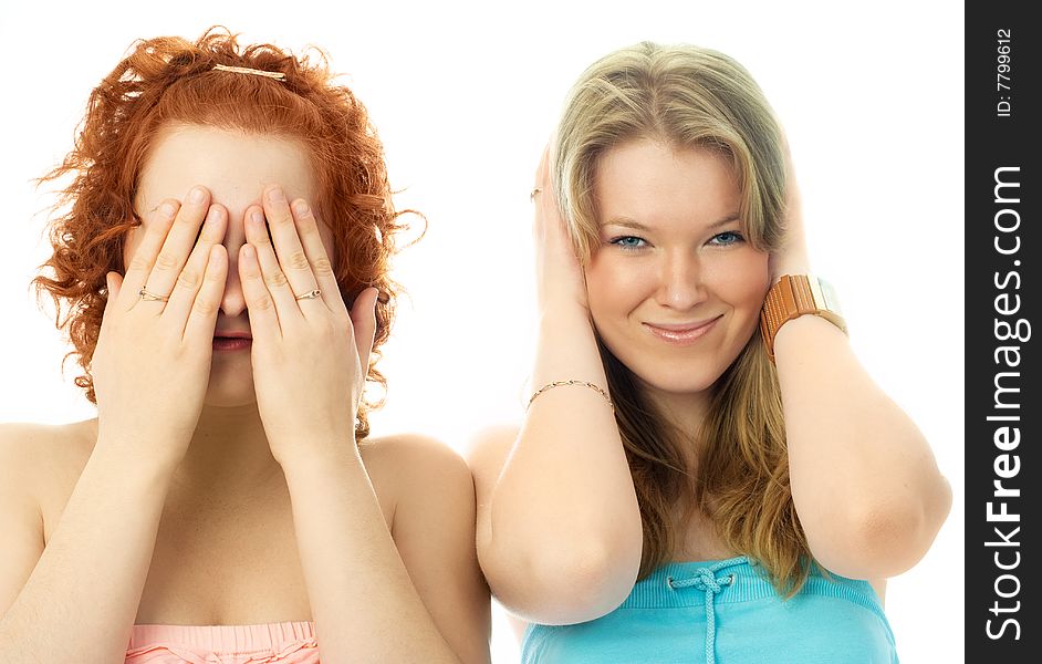 Two Girls With Closed Eyes And Ears