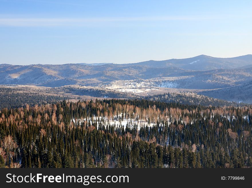 Mountain landscape. Mountain Shoriya. Sheregesh. Russia.