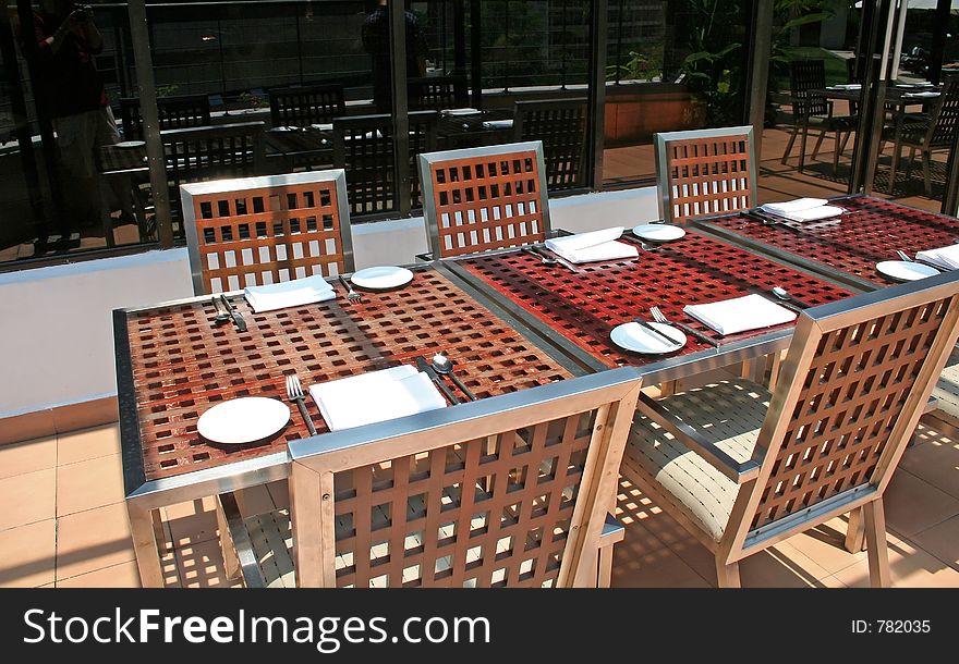 Outdoor dining, wooden table