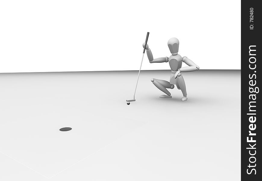 3D render of someone lining up their putt shot. 3D render of someone lining up their putt shot
