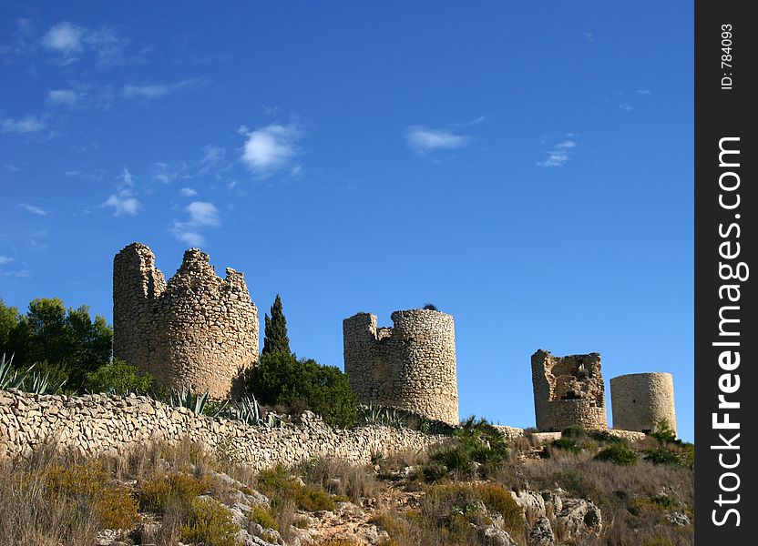 Turrets bove Javea Southern Spain against blue sky