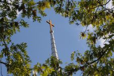 Cross On Steeple Framed By Trees Stock Images