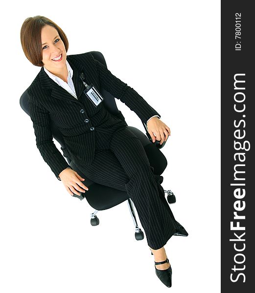 Smile businesswoman sit on chair looking up. isolated on white. Smile businesswoman sit on chair looking up. isolated on white