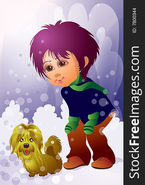This illustration depicts the winter, boy, met with a pet. This illustration depicts the winter, boy, met with a pet