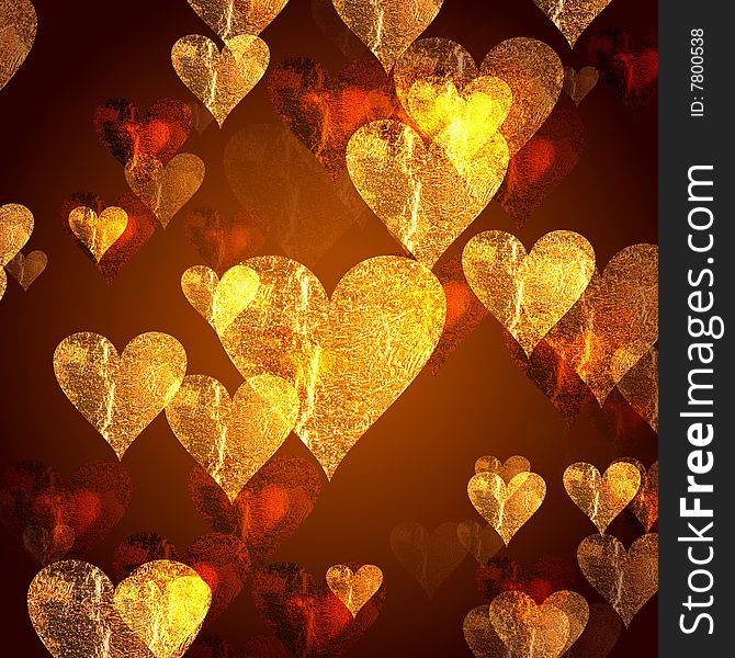 Golden and red hearts over gold background with feather center. Golden and red hearts over gold background with feather center