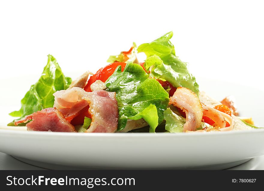 Salad with Thin Meat, Vegetable Leaf, Bean and Cheese. Isolated on White Background. Salad with Thin Meat, Vegetable Leaf, Bean and Cheese. Isolated on White Background