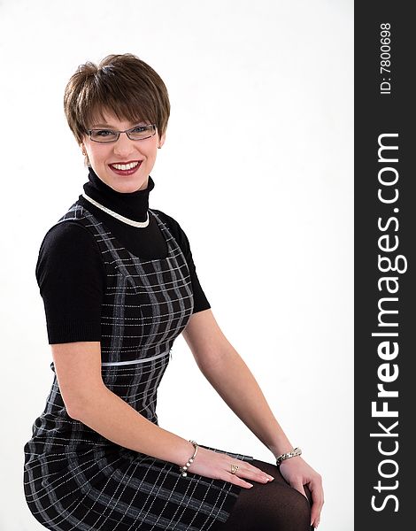 Smiling women in black costume, isolated