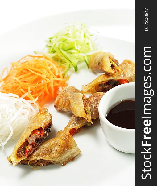 Beef Rolls with Vegetable Julienne and Sauce. Isolated on White Background