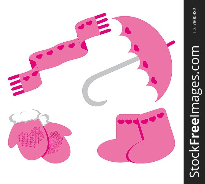 Set of icon for st. Valentine day (umbrella; mittens, scarf, socks). Vector illustration.