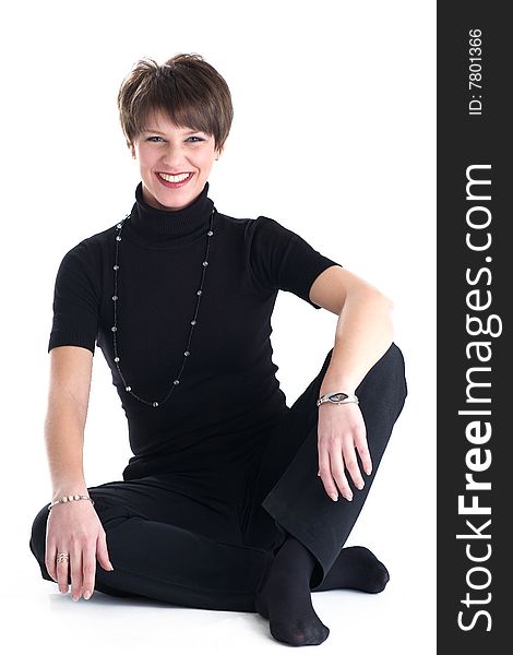 Smiling women in black costume, isolated