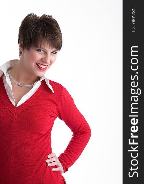 Smiling young women in red, isolated