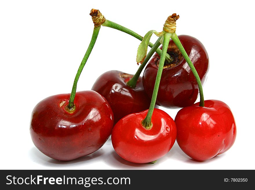 An image of five cherries over white