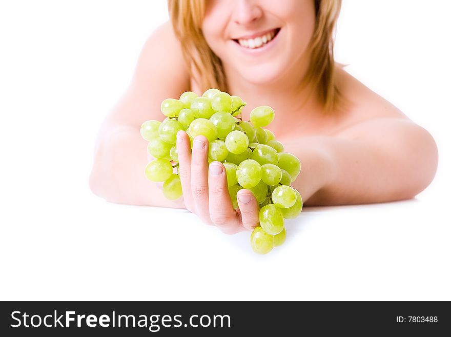 Blond girl with healthy fruit on white. Blond girl with healthy fruit on white