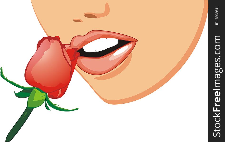 Red rose and female smile. Fragment. Vector illustration