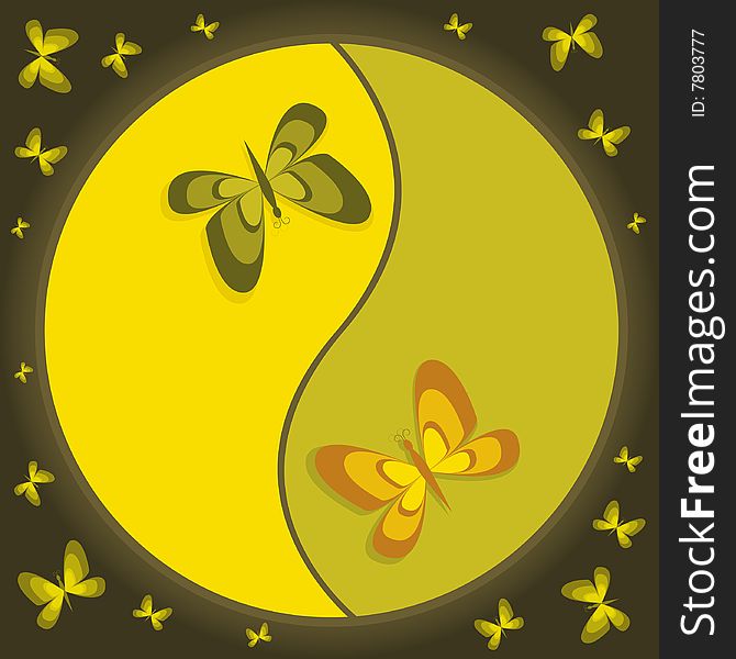 Yellow-green yin-yang symbol with butterflies. Yellow-green yin-yang symbol with butterflies