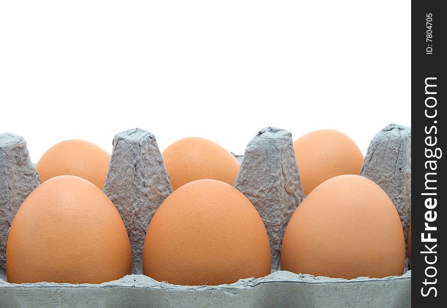 Eggs in a carton on white background.