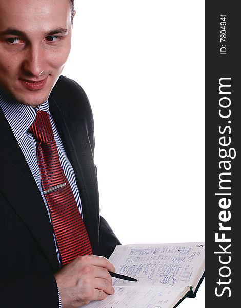 Businessman with the notebook, isolated on a white background