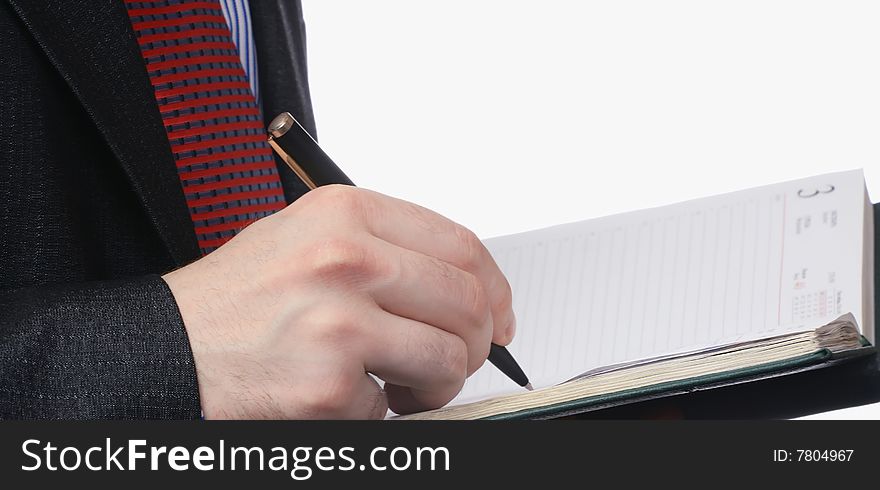 Man with the notebook, isolated on a white background