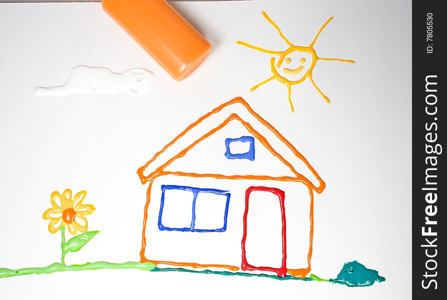 Drawing Of The House With A Flower And Sun