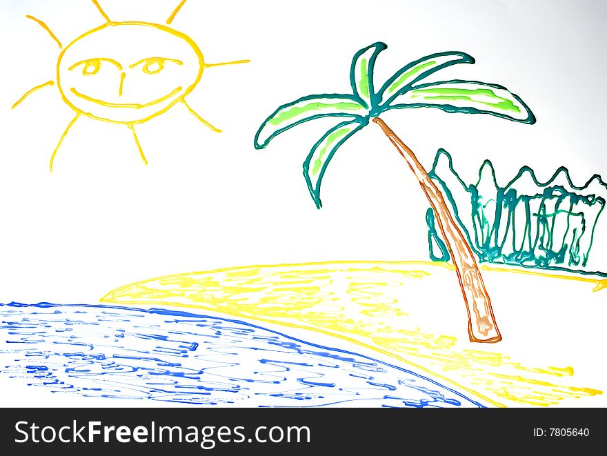 Drawing of tropical beach with sun, sea and tree.