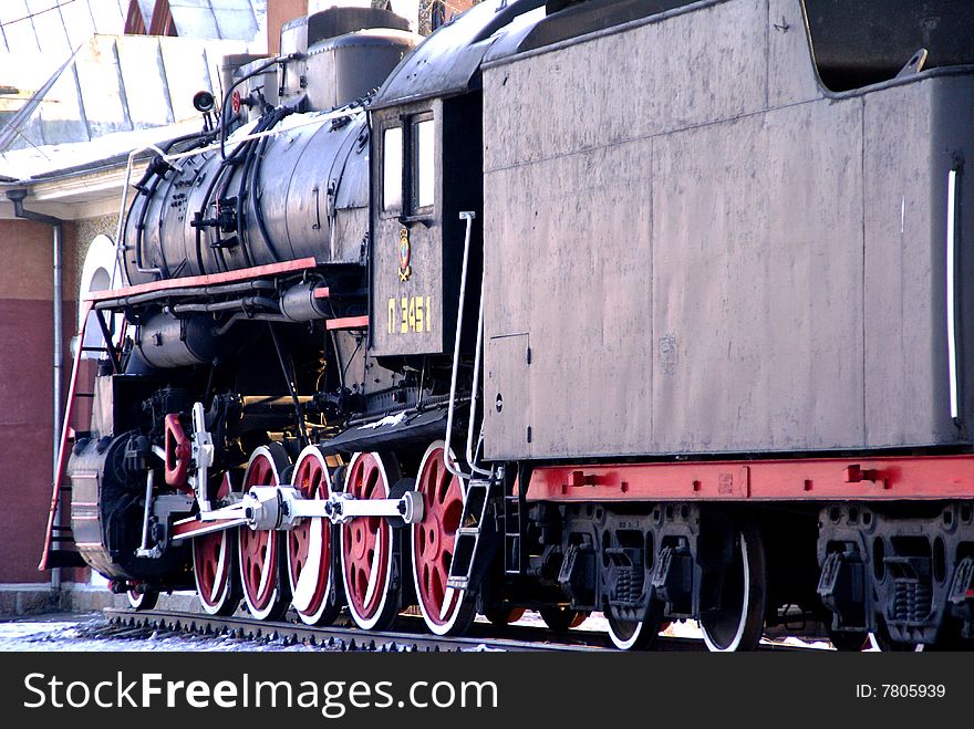 Steam locomotive standing like monument